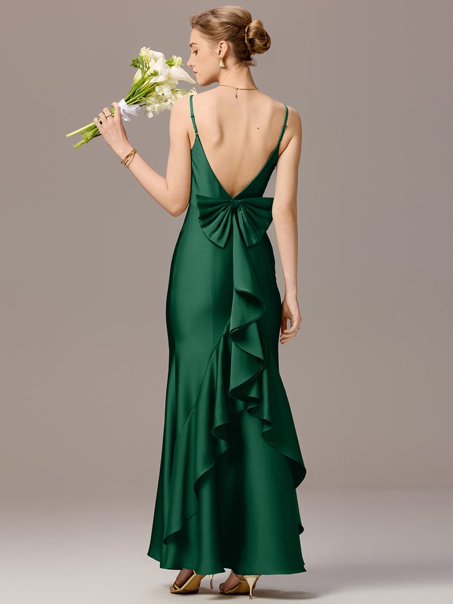 Mermaid Bow Stretch Satin Maxi Bridesmaid Dress #color_Dark Green