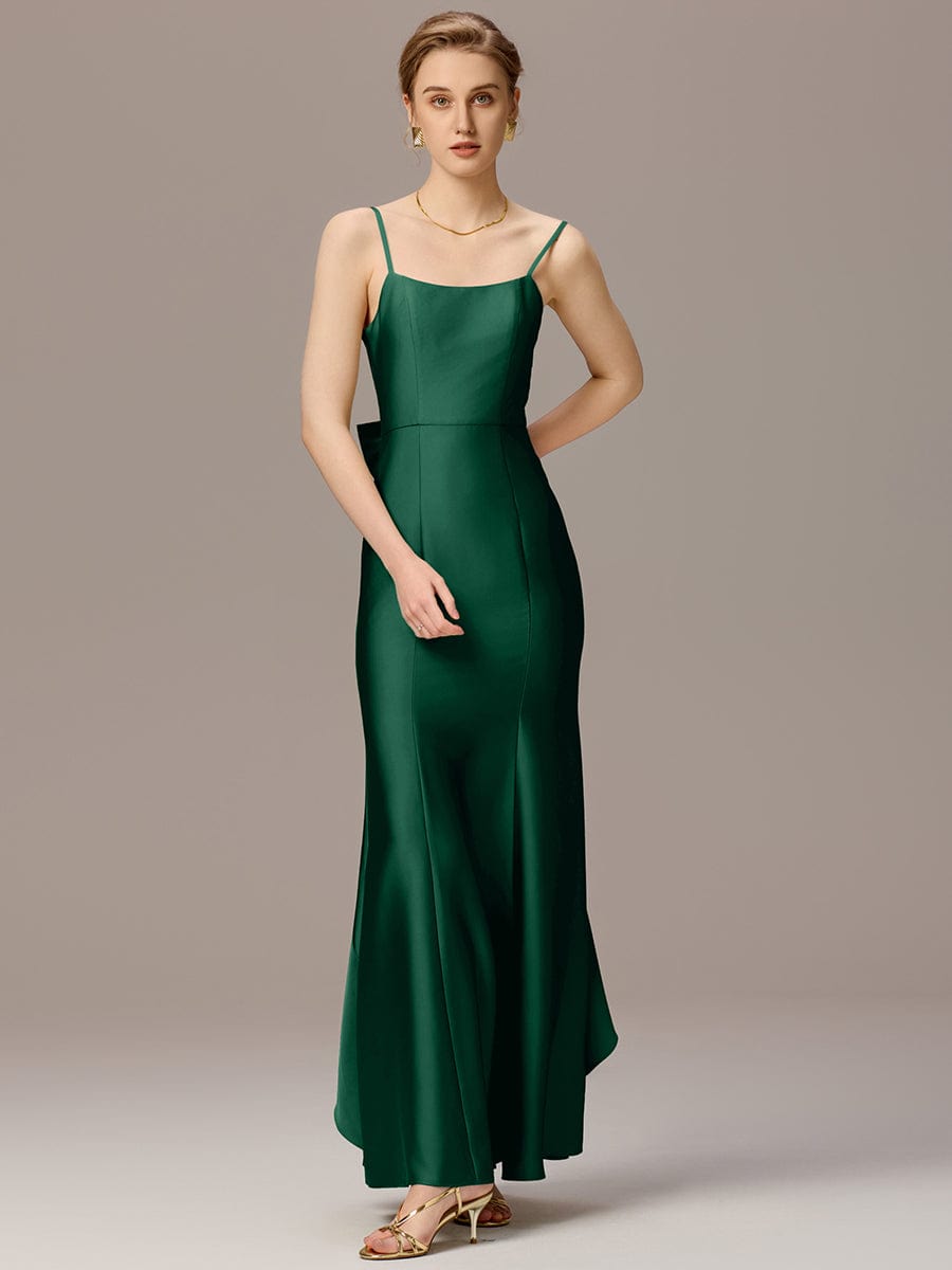 Mermaid Bow Stretch Satin Maxi Bridesmaid Dress #color_Dark Green