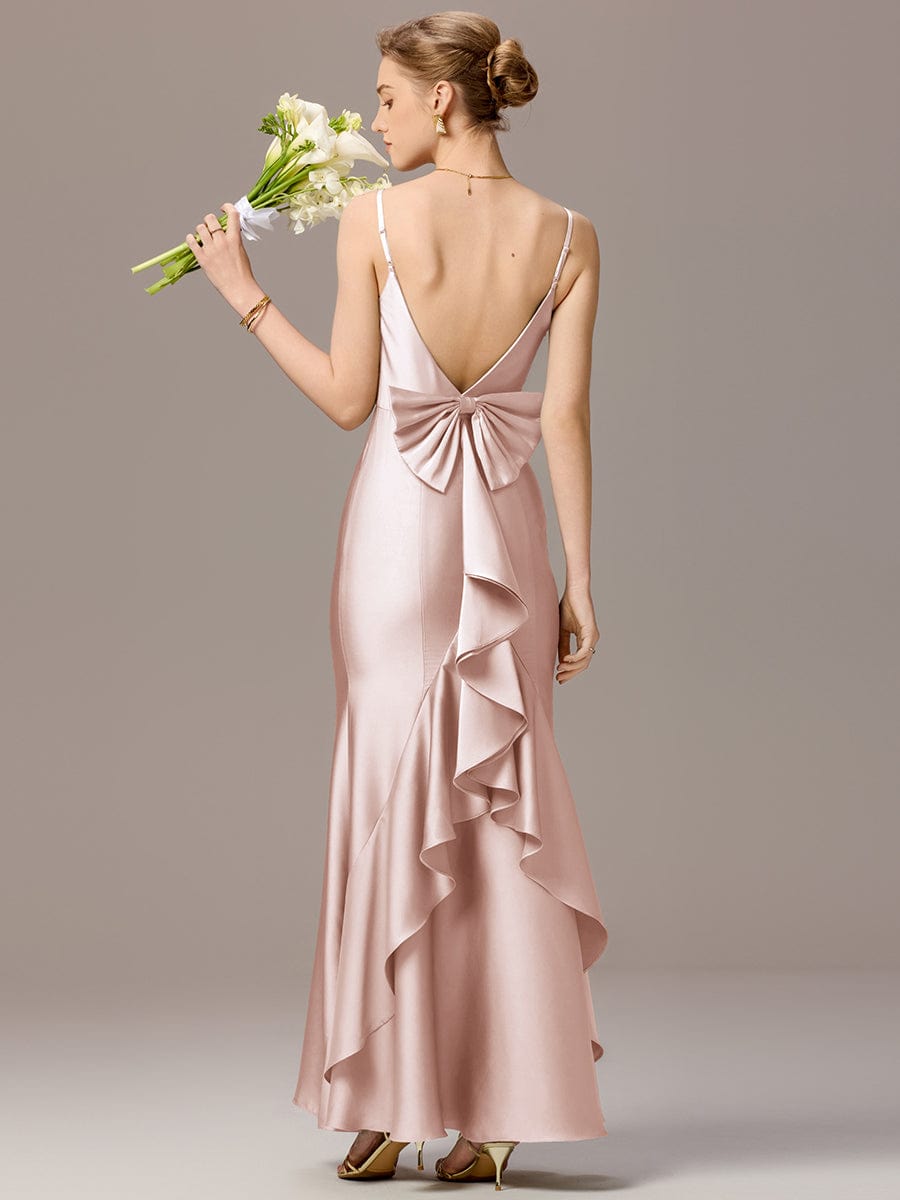 Mermaid Bow Stretch Satin Maxi Bridesmaid Dress #color_Pink