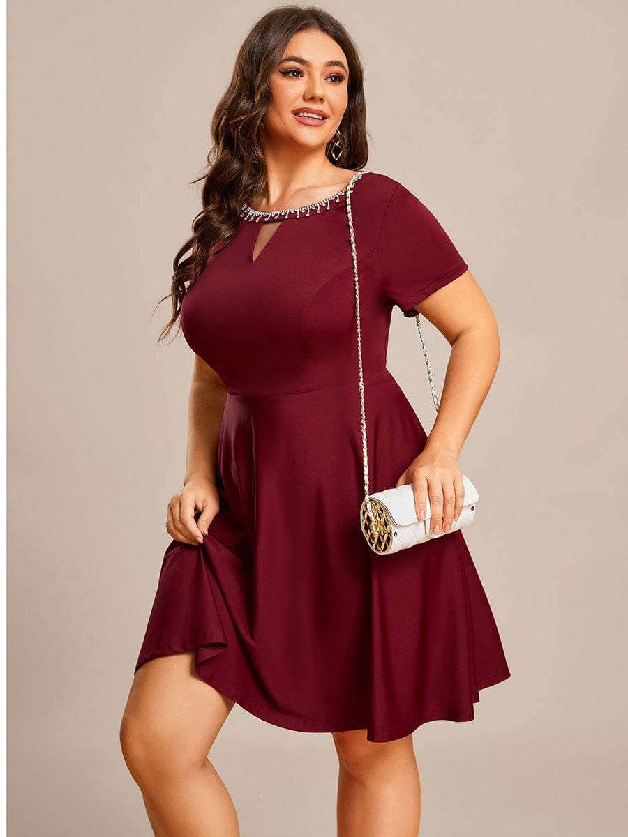 Rhinestone Neckline Short Sleeves A-Line Mini Graduation Dresses #color_Burgundy