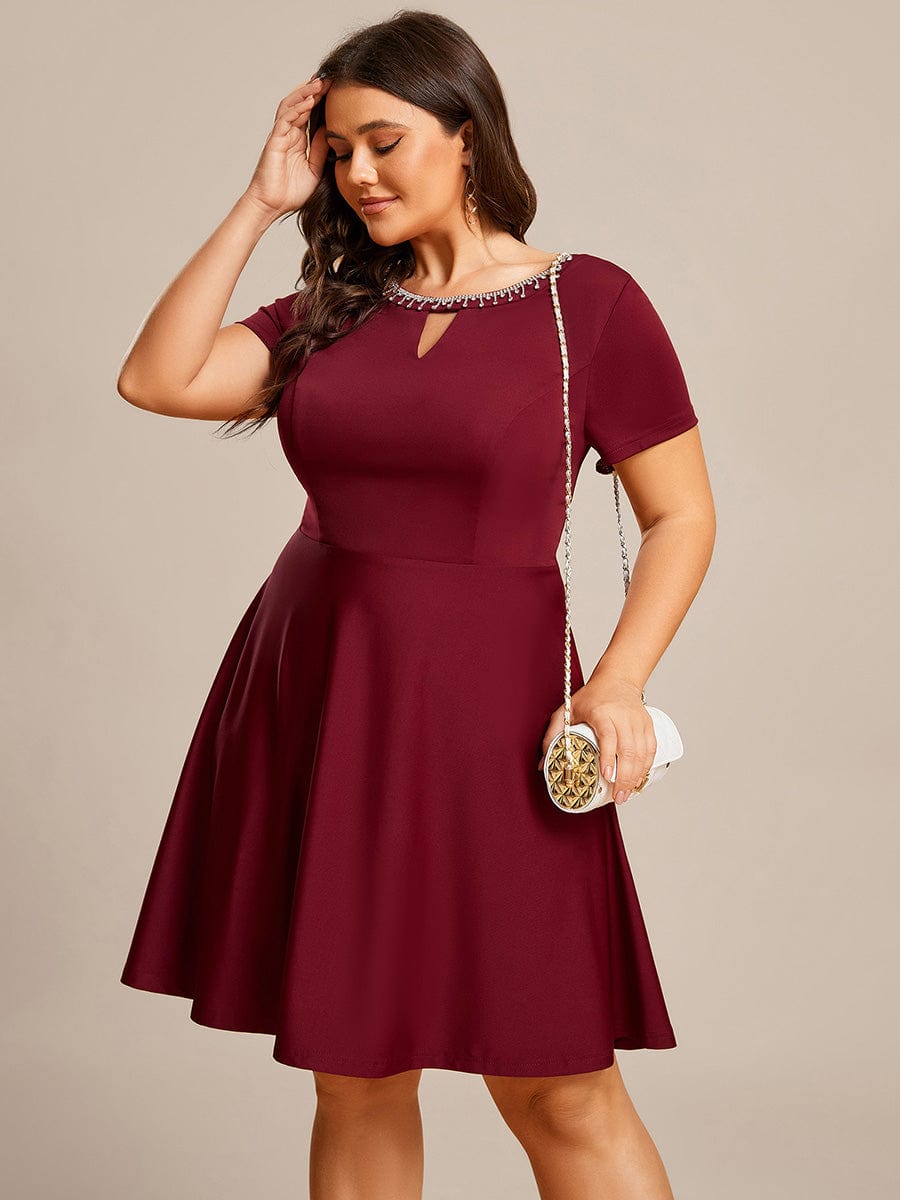 Rhinestone Neckline Short Sleeves A-Line Mini Graduation Dresses #color_Burgundy