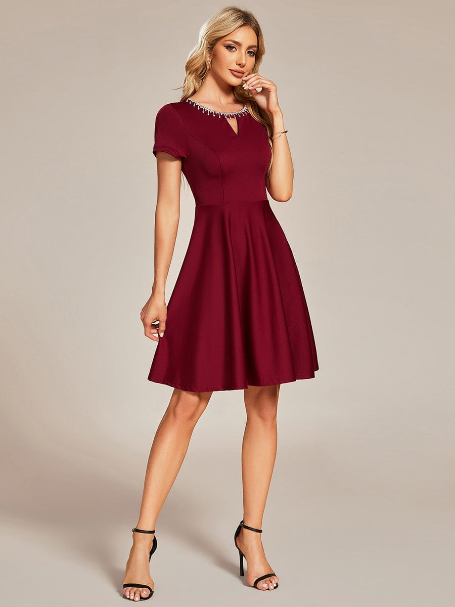 Rhinestone Neckline Short Sleeves A-Line Mini Graduation Dresses #color_Burgundy