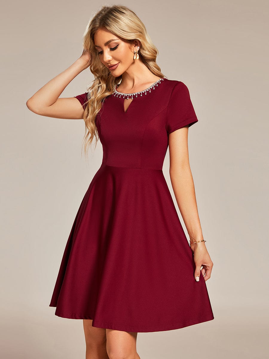 Rhinestone Neckline Short Sleeves A-Line Mini Graduation Dresses #color_Burgundy