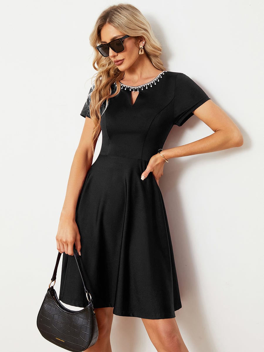 Rhinestone Neckline Short Sleeves A-Line Mini Graduation Dresses #color_Black