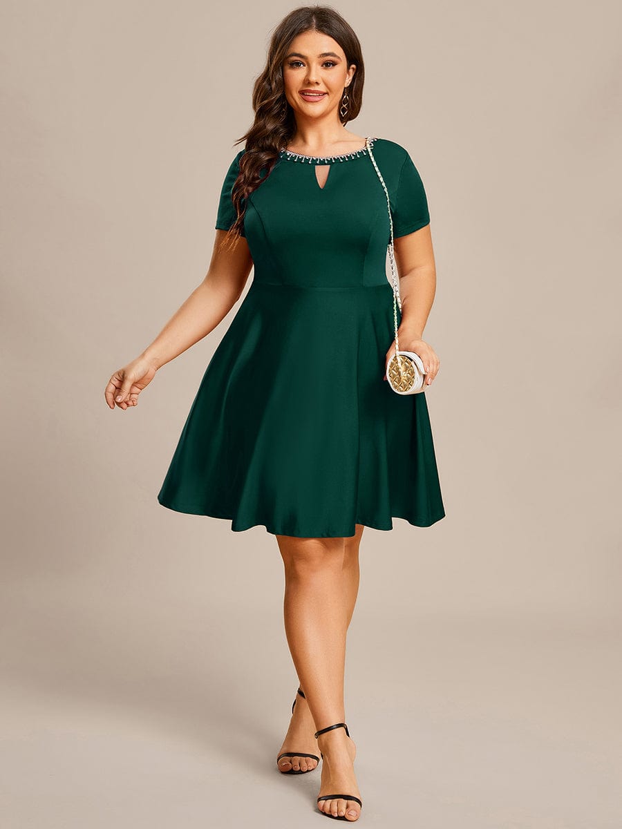 Rhinestone Neckline Short Sleeves A-Line Mini Graduation Dresses #color_Dark Green