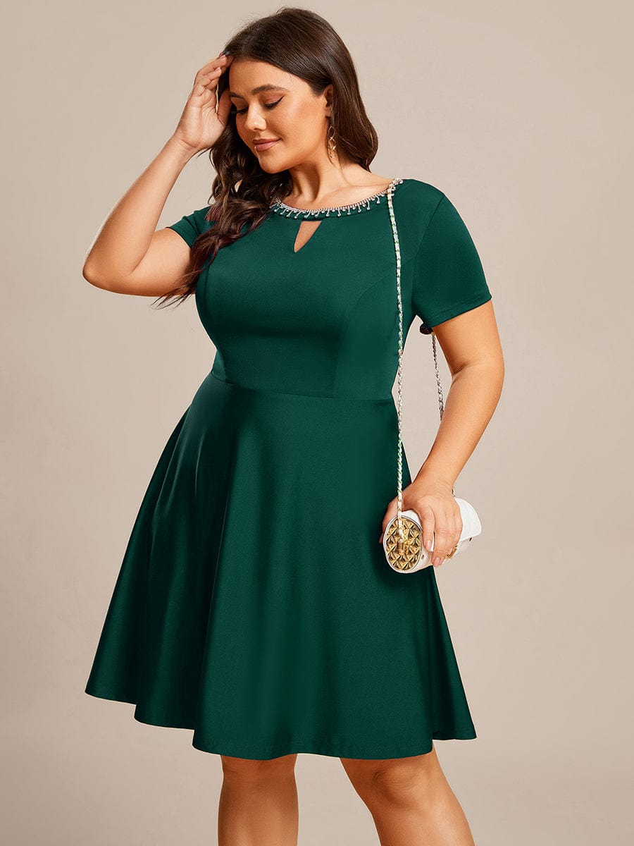 Rhinestone Neckline Short Sleeves A-Line Mini Graduation Dresses #color_Dark Green