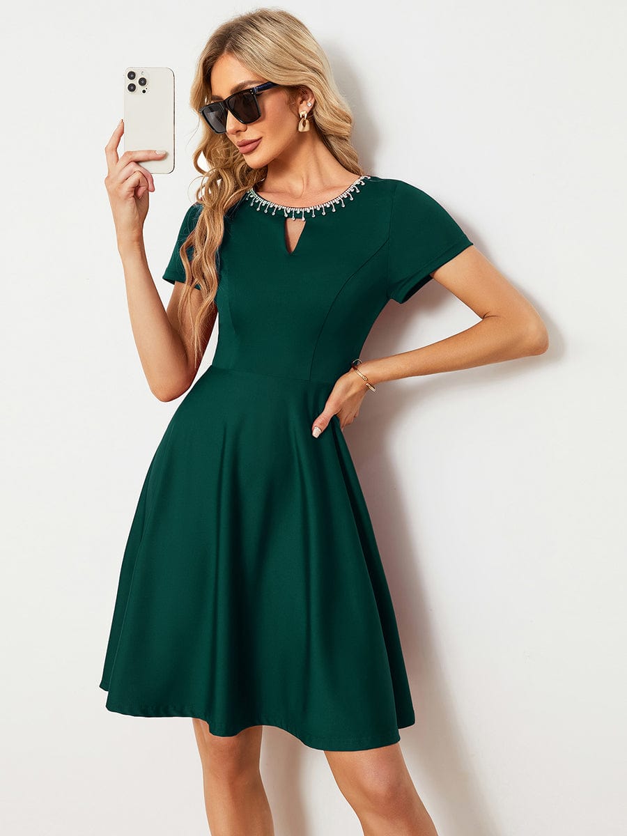 Rhinestone Neckline Short Sleeves A-Line Mini Graduation Dresses #color_Dark Green