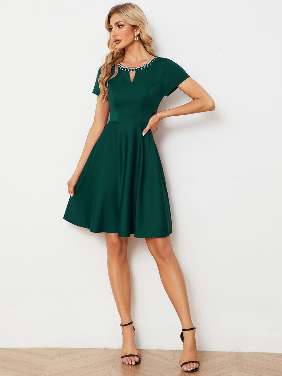 Rhinestone Neckline Short Sleeves A-Line Mini Graduation Dresses #color_Dark Green