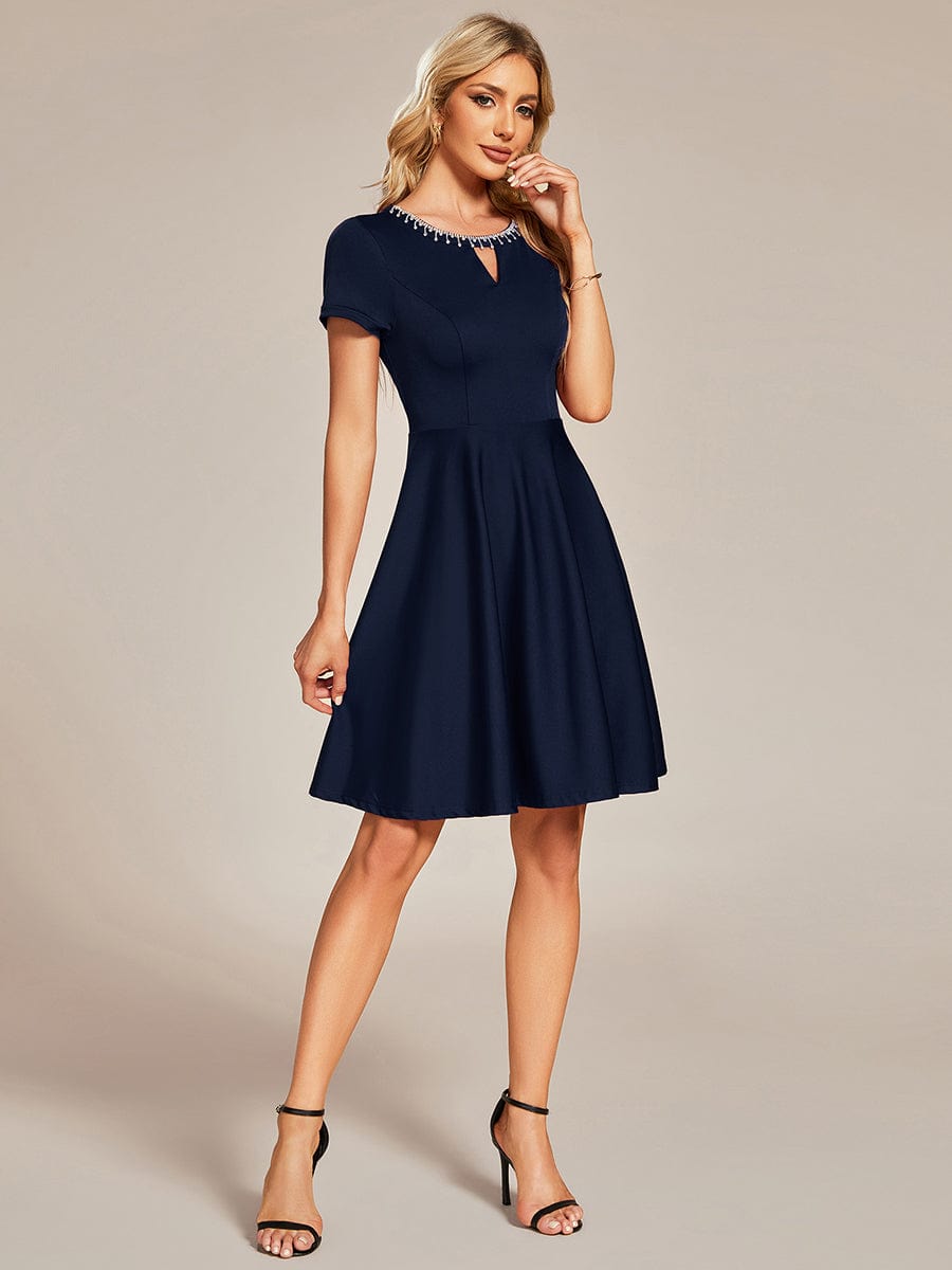 Rhinestone Neckline Short Sleeves A-Line Mini Graduation Dresses #color_Navy Blue