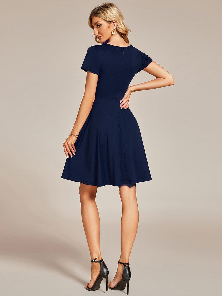 Rhinestone Neckline Short Sleeves A-Line Mini Graduation Dresses #color_Navy Blue