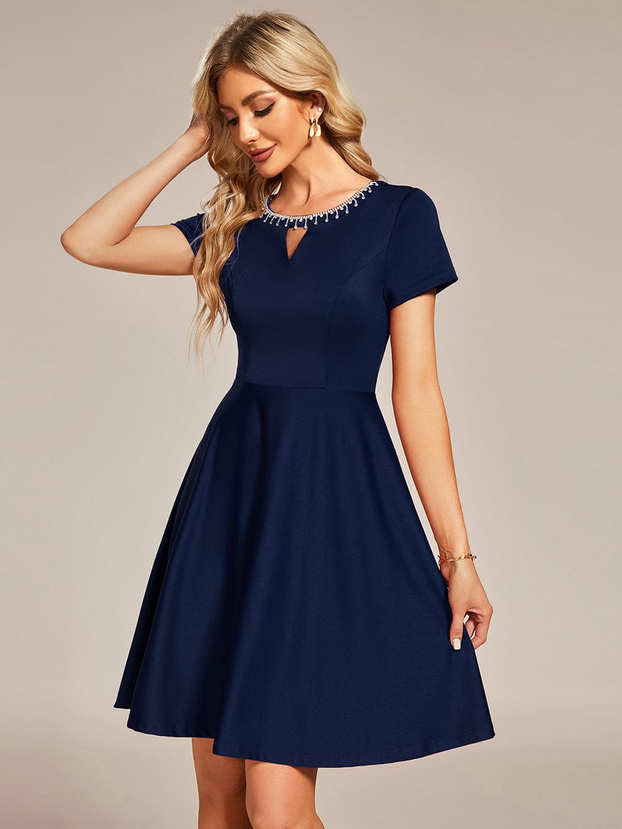 Rhinestone Neckline Short Sleeves A-Line Mini Graduation Dresses #color_Navy Blue