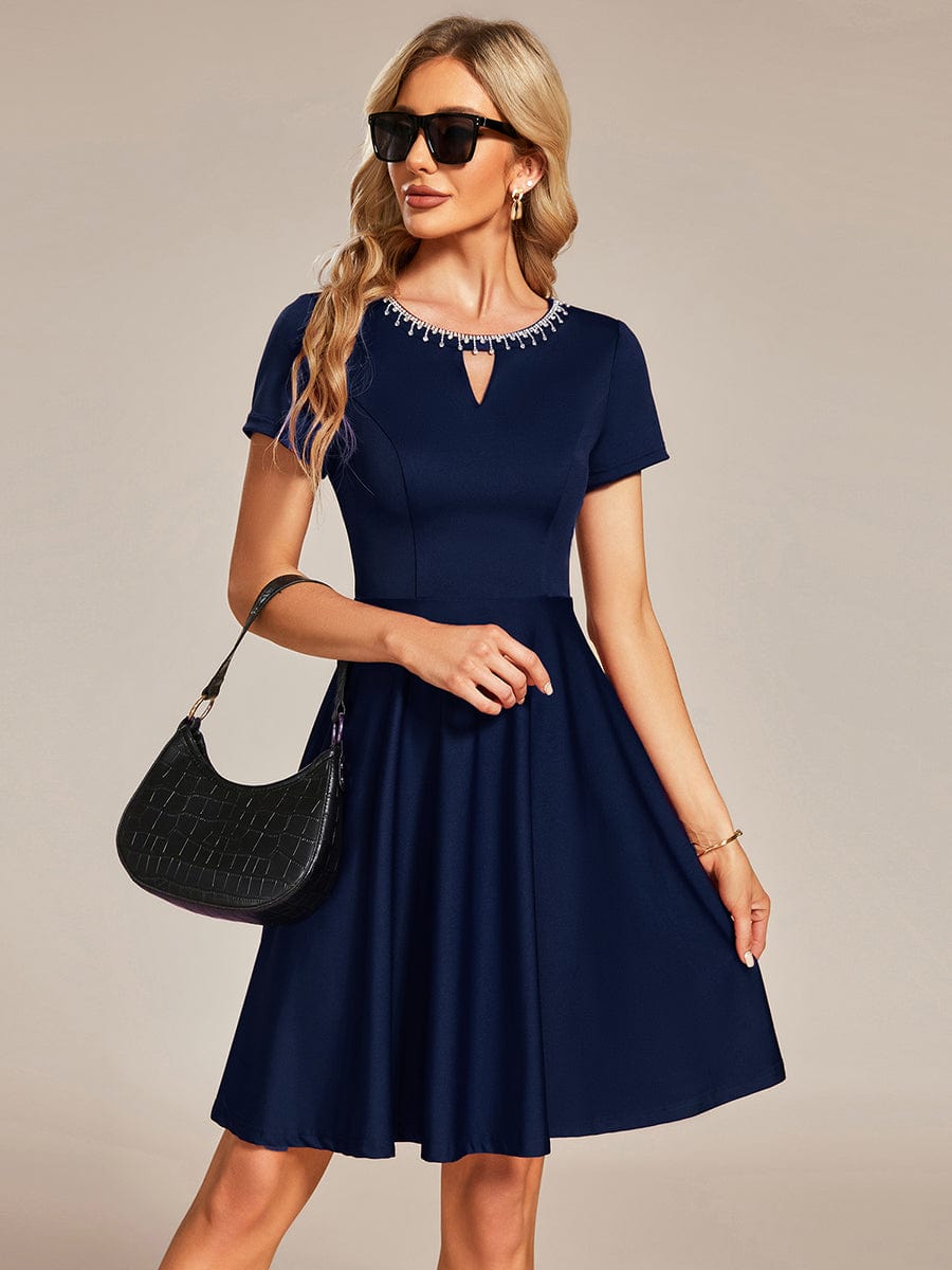 Rhinestone Neckline Short Sleeves A-Line Mini Graduation Dresses #color_Navy Blue