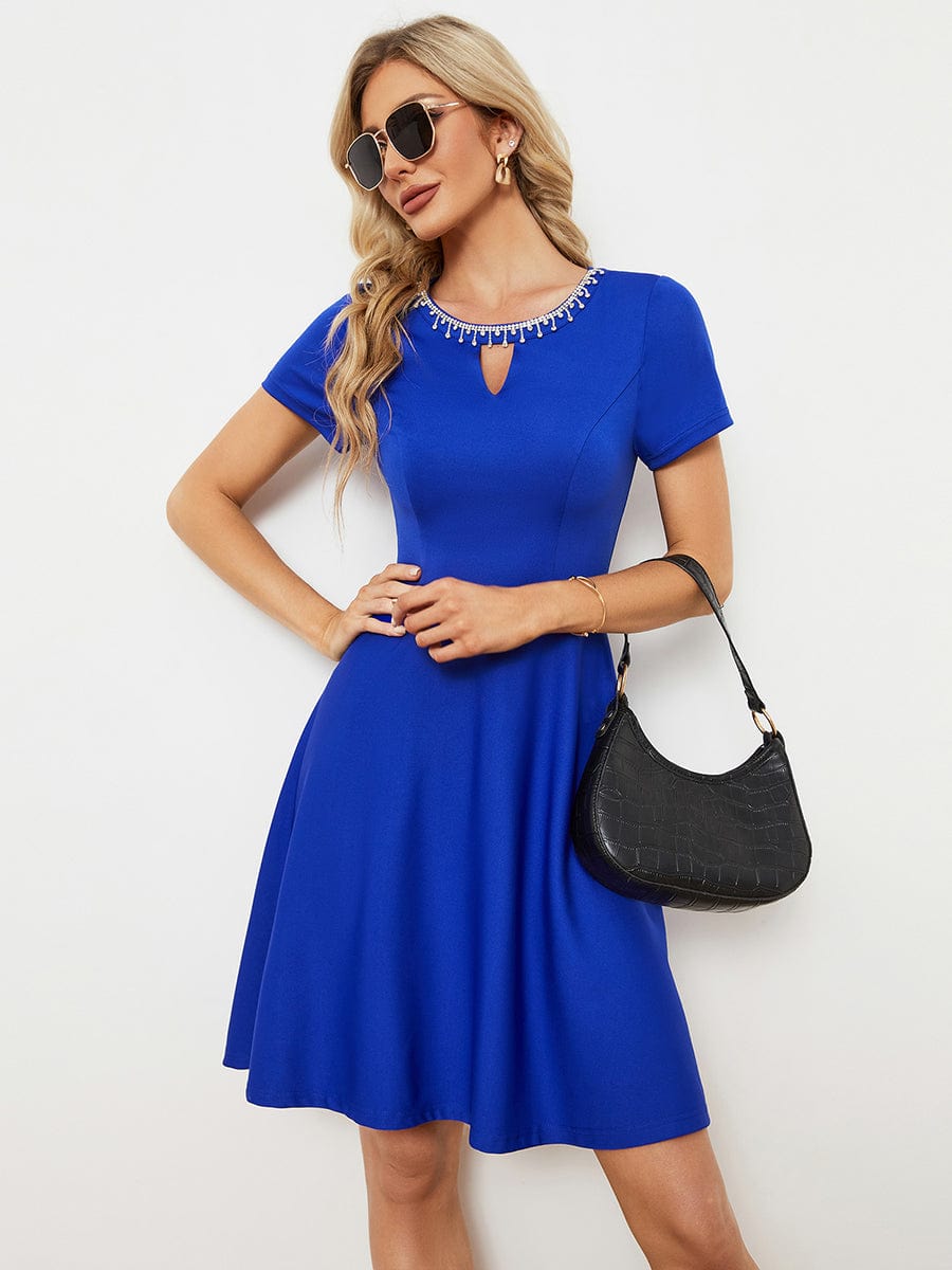 Rhinestone Neckline Short Sleeves A-Line Mini Graduation Dresses #color_Sapphire Blue