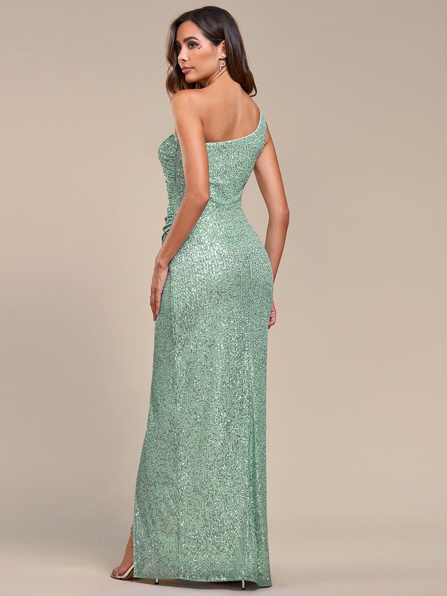 Sequined Long One-Shoulder Evening Dress with Split #color_Sage Green