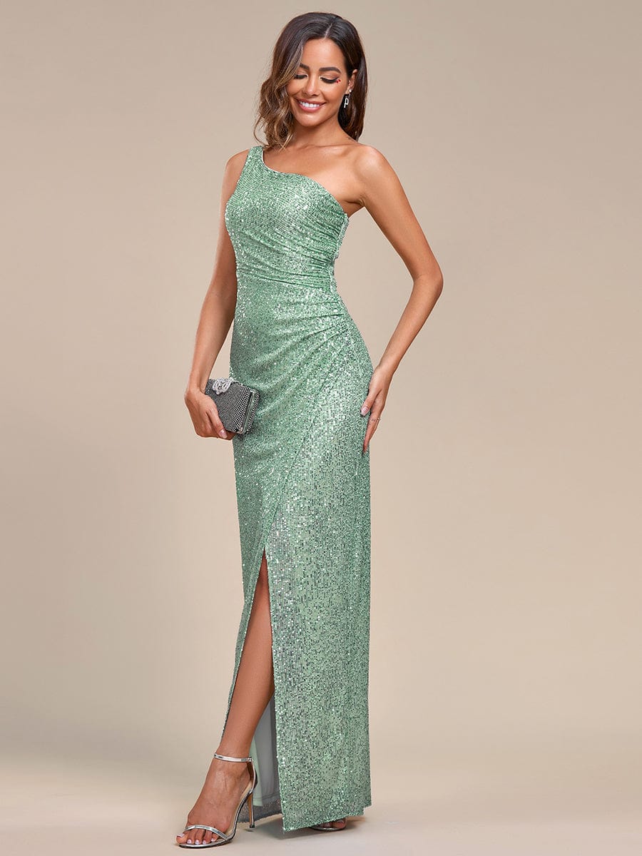 Sequined Long One-Shoulder Evening Dress with Split #color_Sage Green