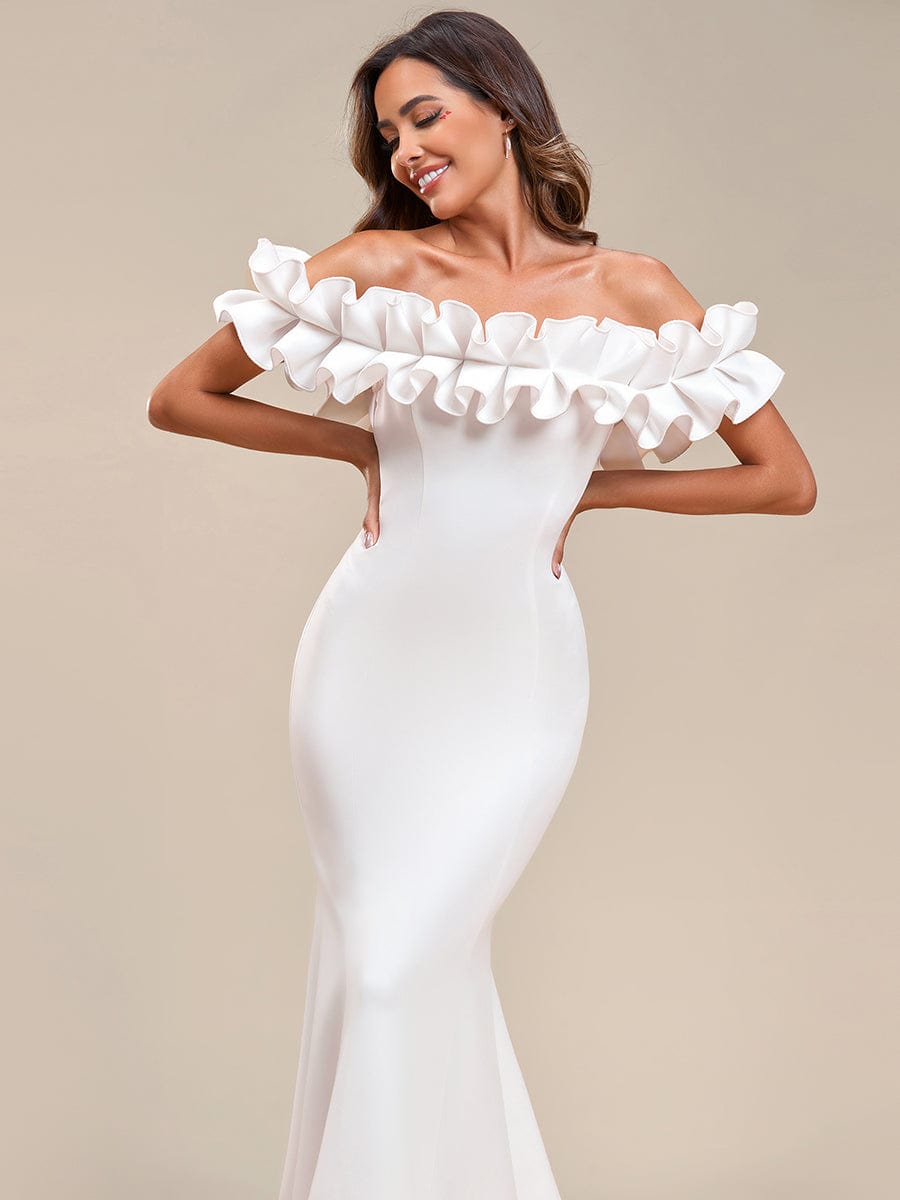 Sweet Ruffled Off Shoulder Mermaid Maxi Evening Dress #color_Cream