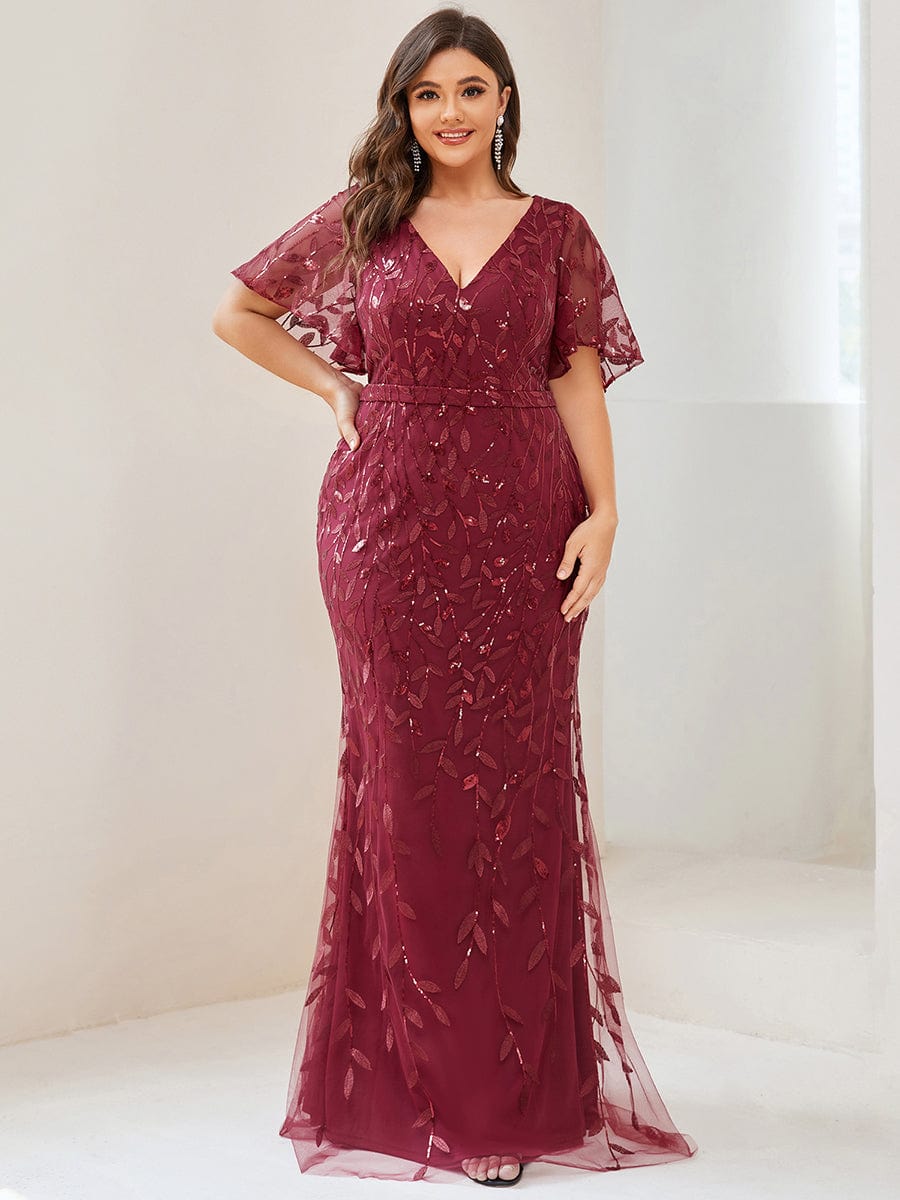 Gorgeous V Neck Leaf-Sequined Fishtail Party Dress #color_Burgundy