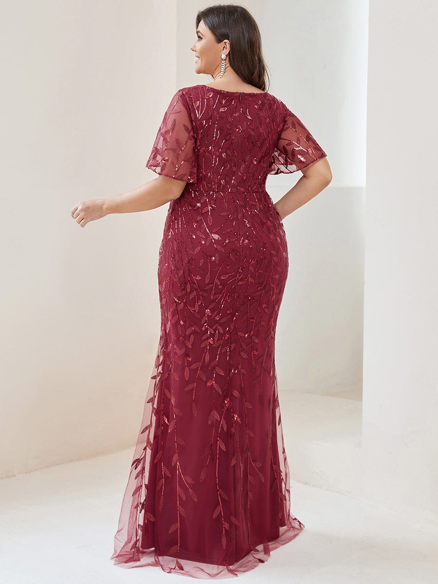 Gorgeous V Neck Leaf-Sequined Fishtail Party Dress #color_Burgundy