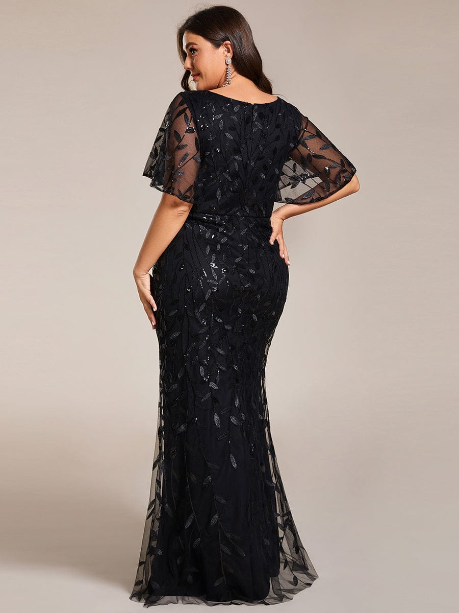 Gorgeous V Neck Leaf-Sequined Fishtail Party Dress #color_Black