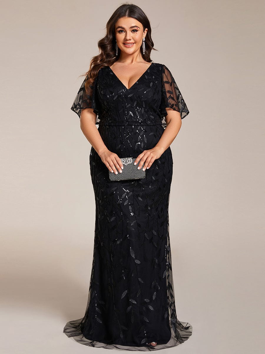 Gorgeous V Neck Leaf-Sequined Fishtail Party Dress #color_Black