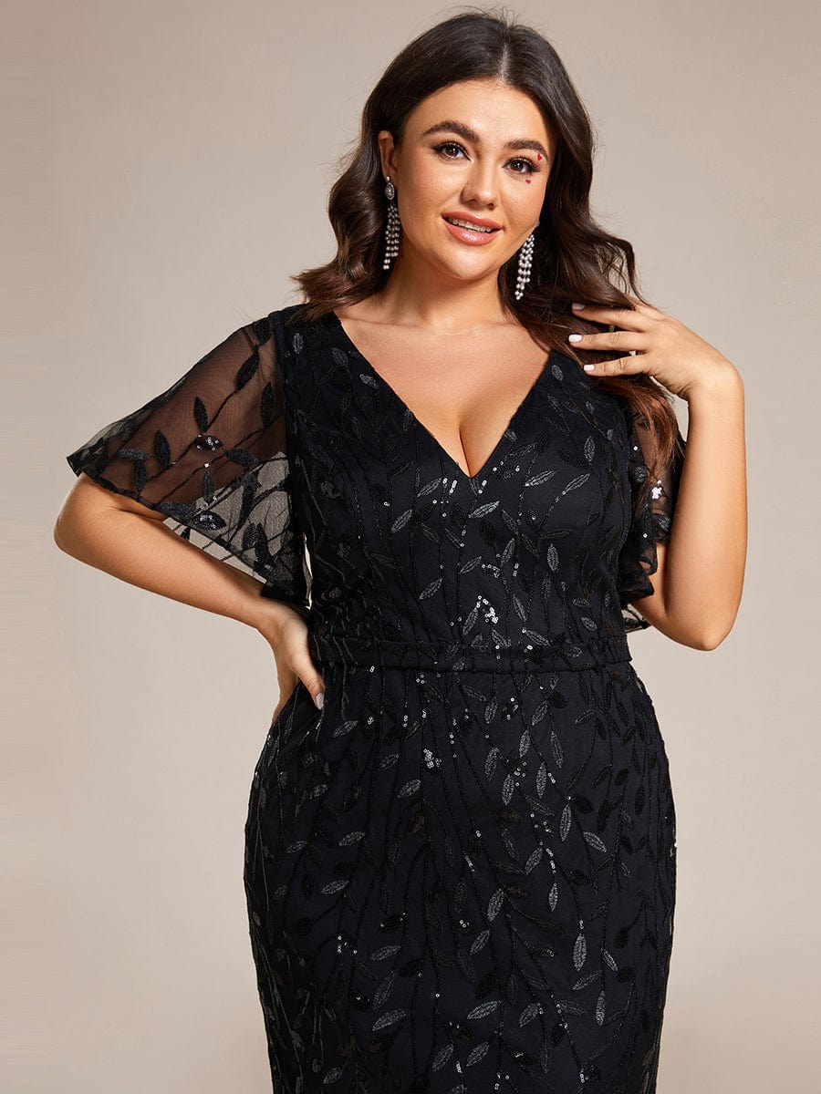 Gorgeous V Neck Leaf-Sequined Fishtail Party Dress #color_Black