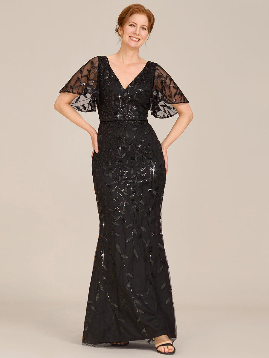 Gorgeous V Neck Leaf-Sequined Fishtail Party Dress #color_Black