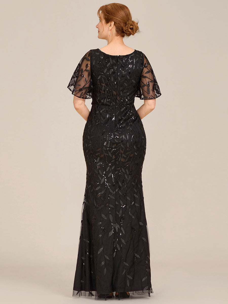 Gorgeous V Neck Leaf-Sequined Fishtail Party Dress #color_Black