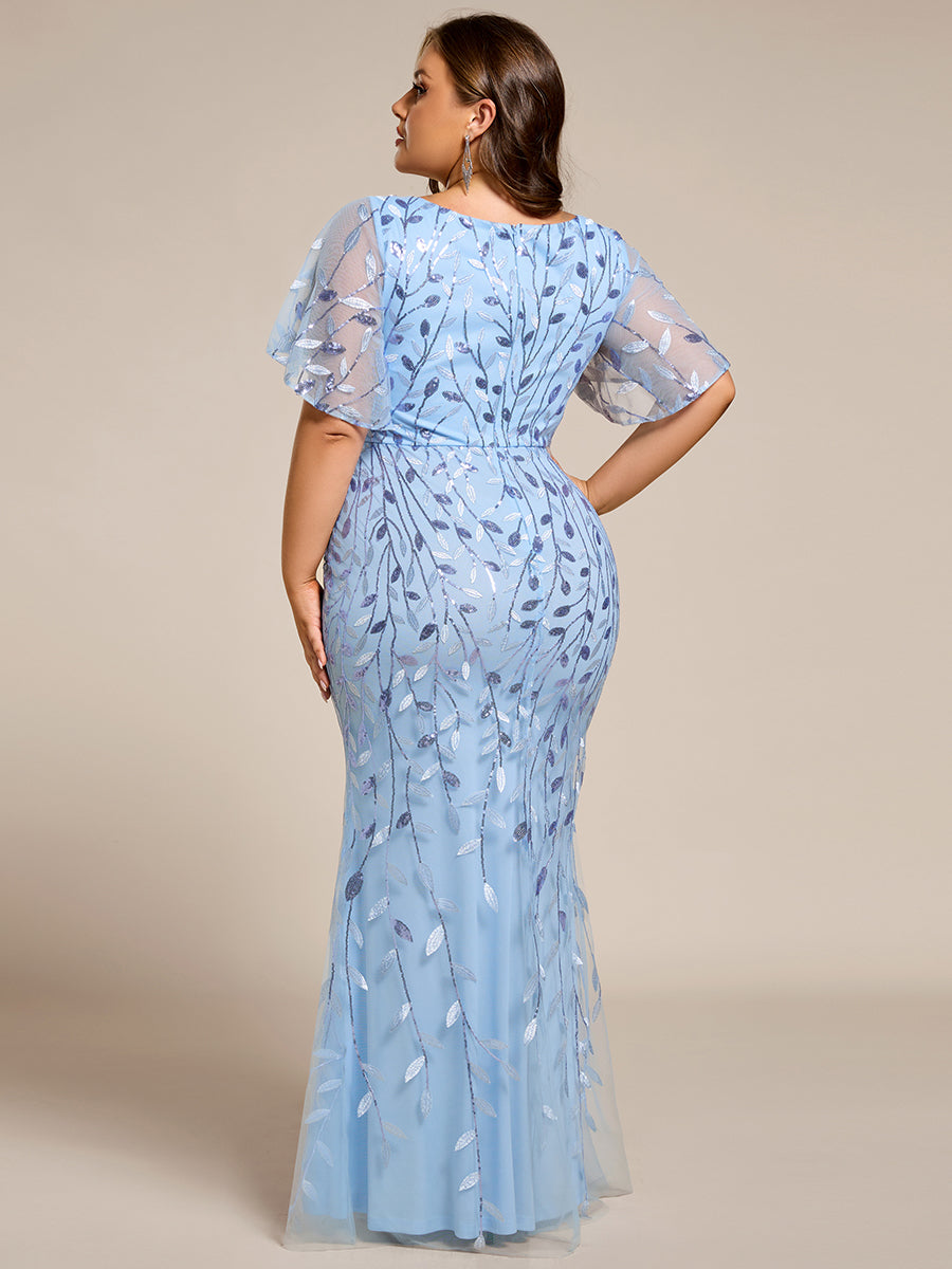 Gorgeous V Neck Leaf-Sequined Fishtail Party Dress #color_Sky Blue