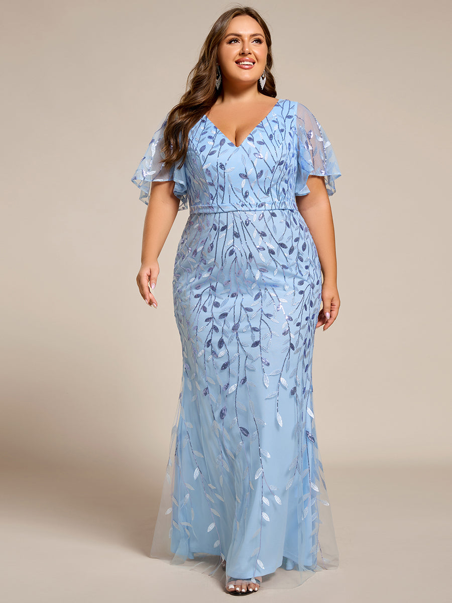 Gorgeous V Neck Leaf-Sequined Fishtail Party Dress #color_Sky Blue