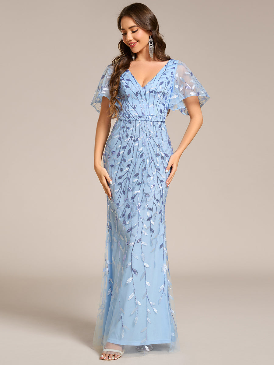 Gorgeous V Neck Leaf-Sequined Fishtail Party Dress #color_Sky Blue