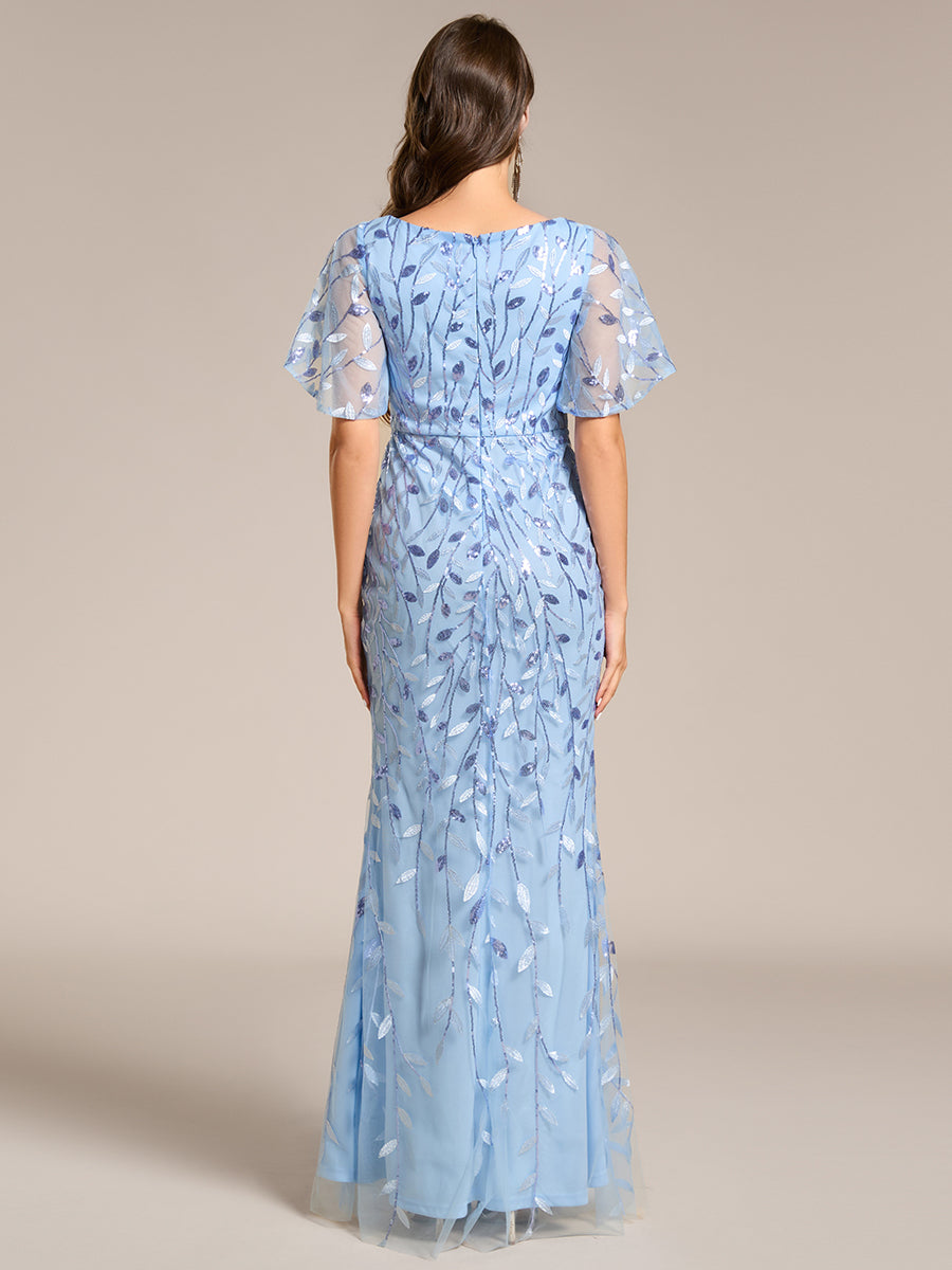 Gorgeous V Neck Leaf-Sequined Fishtail Party Dress #color_Sky Blue