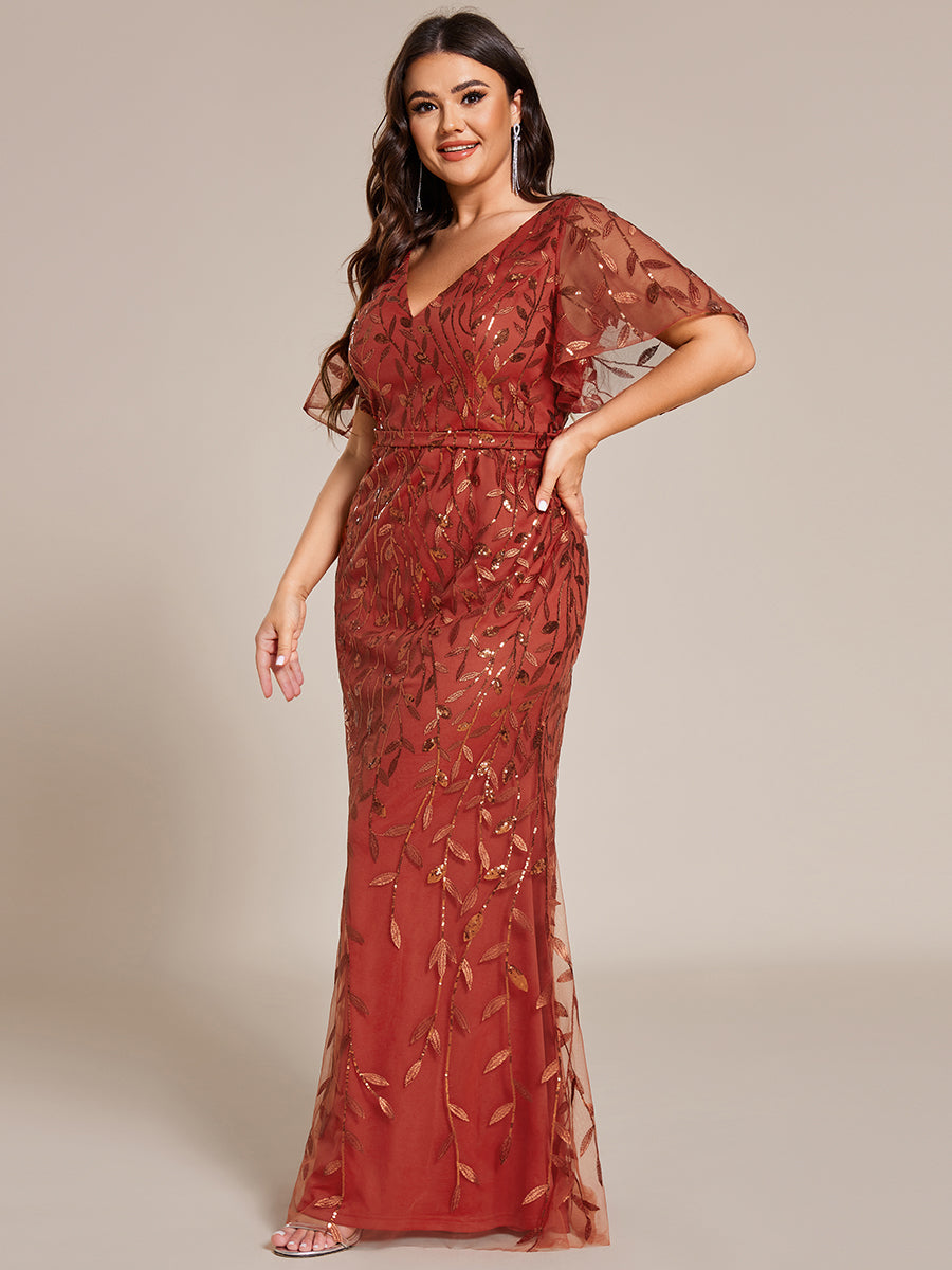 Gorgeous V Neck Leaf-Sequined Fishtail Party Dress #color_Burnt Orange