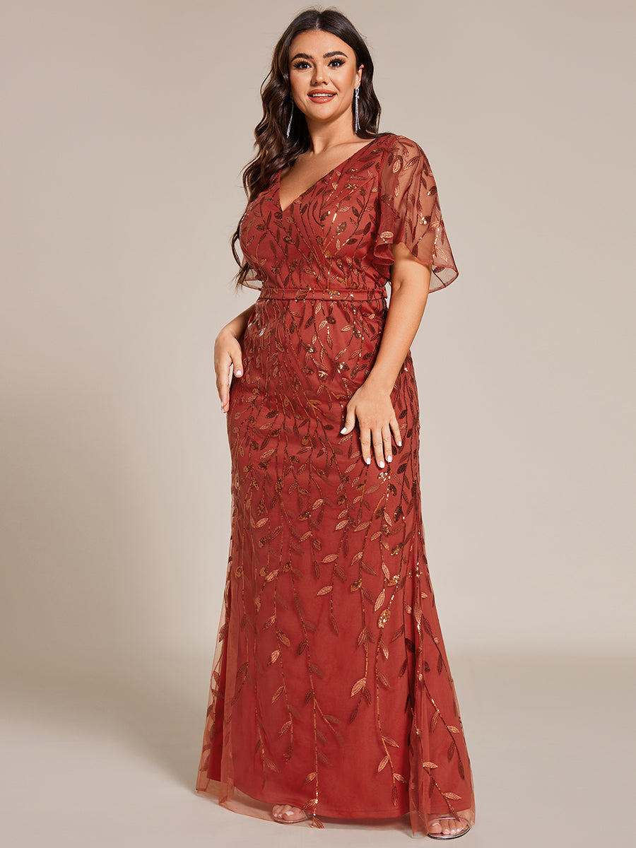 Fashion Plus Size V Neck Mermaid Sequin & Tulle Evening Dress #color_Burnt Orange