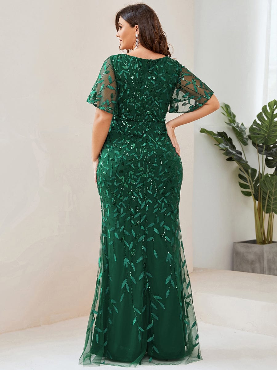 Gorgeous V Neck Leaf-Sequined Fishtail Party Dress #color_Dark Green