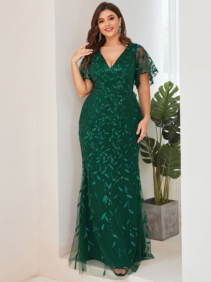 Gorgeous V Neck Leaf-Sequined Fishtail Party Dress #color_Dark Green