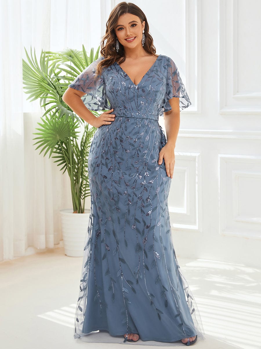 Gorgeous V Neck Leaf-Sequined Fishtail Party Dress #color_Dusty Blue