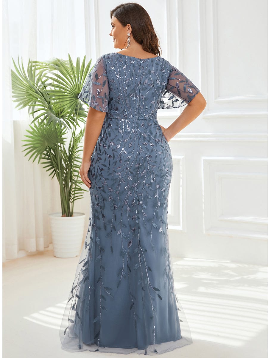 Gorgeous V Neck Leaf-Sequined Fishtail Party Dress #color_Dusty Blue