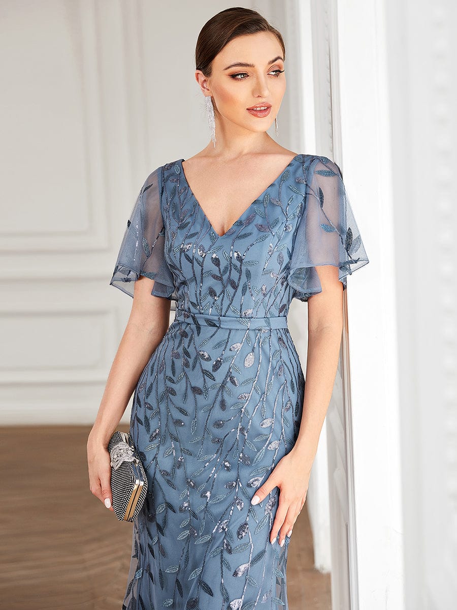 Gorgeous V Neck Leaf-Sequined Fishtail Party Dress #color_Dusty Blue