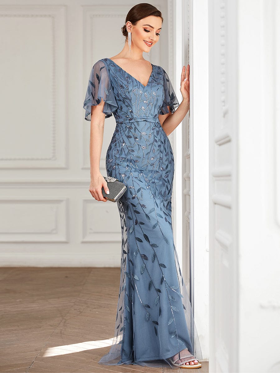 Gorgeous V Neck Leaf-Sequined Fishtail Party Dress #color_Dusty Blue