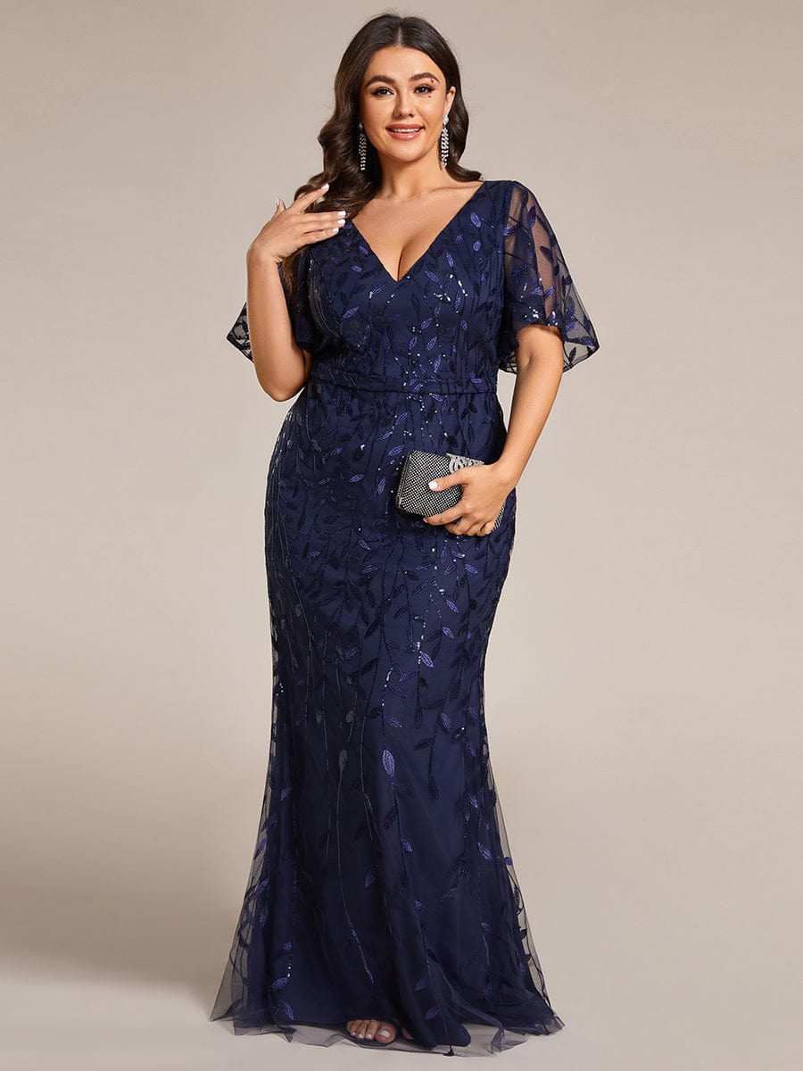 Gorgeous V Neck Leaf-Sequined Fishtail Party Dress #color_Navy Blue