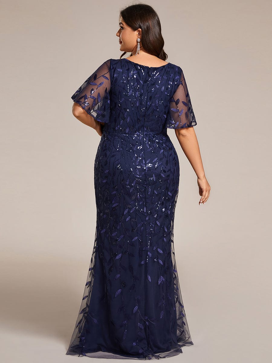 Gorgeous V Neck Leaf-Sequined Fishtail Party Dress #color_Navy Blue