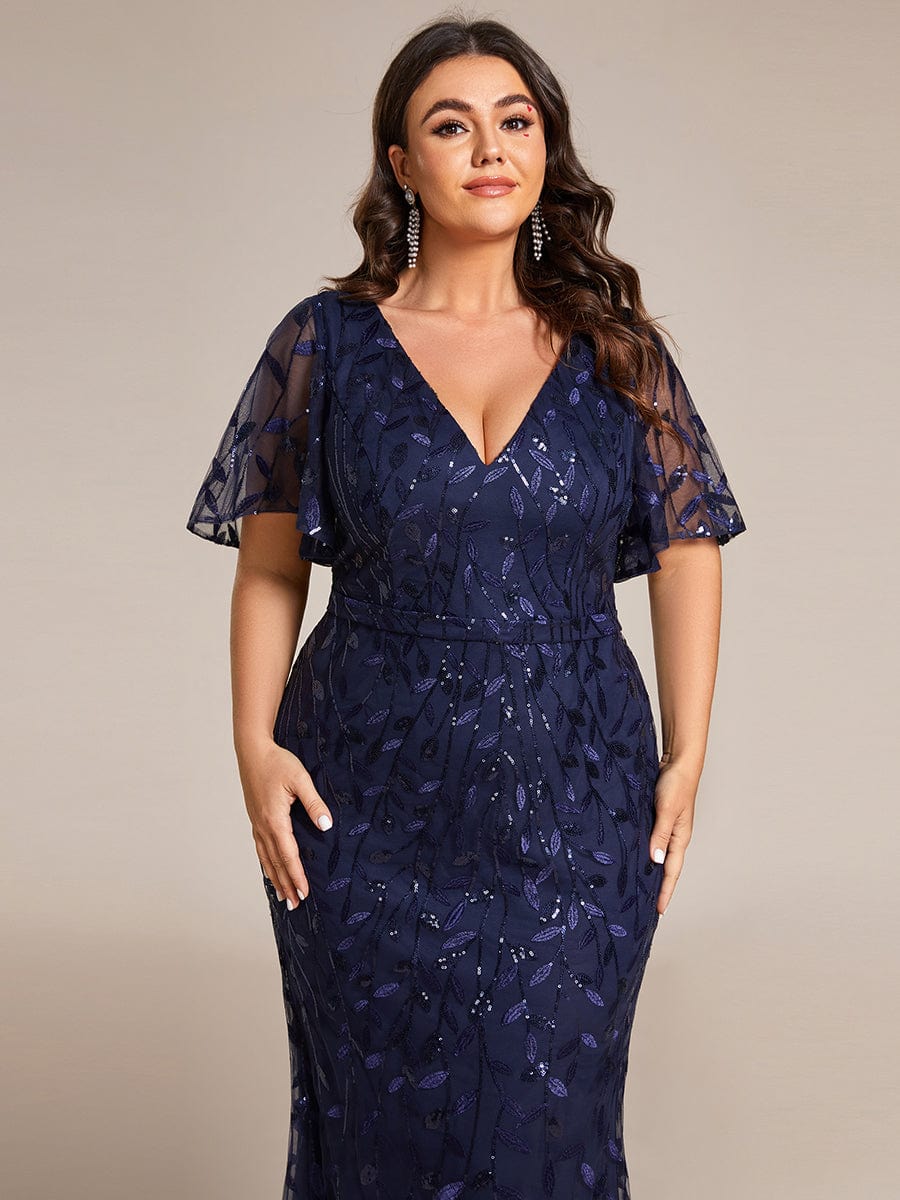 Gorgeous V Neck Leaf-Sequined Fishtail Party Dress #color_Navy Blue