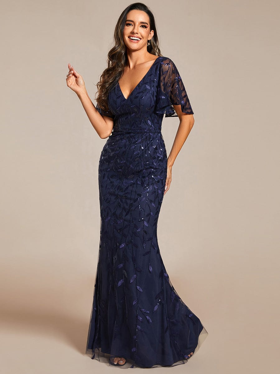 Gorgeous V Neck Leaf-Sequined Fishtail Party Dress #color_Navy Blue