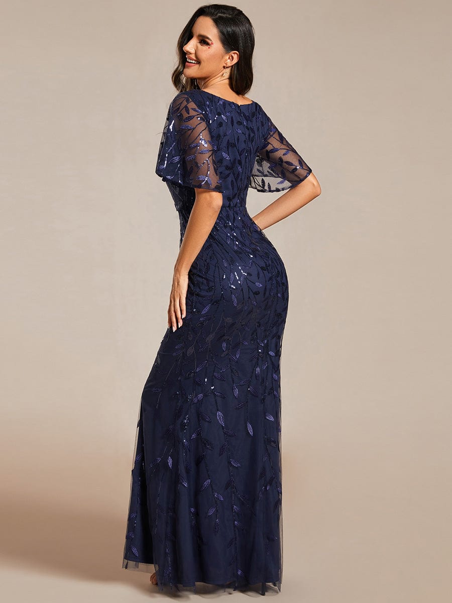 Gorgeous V Neck Leaf-Sequined Fishtail Party Dress #color_Navy Blue