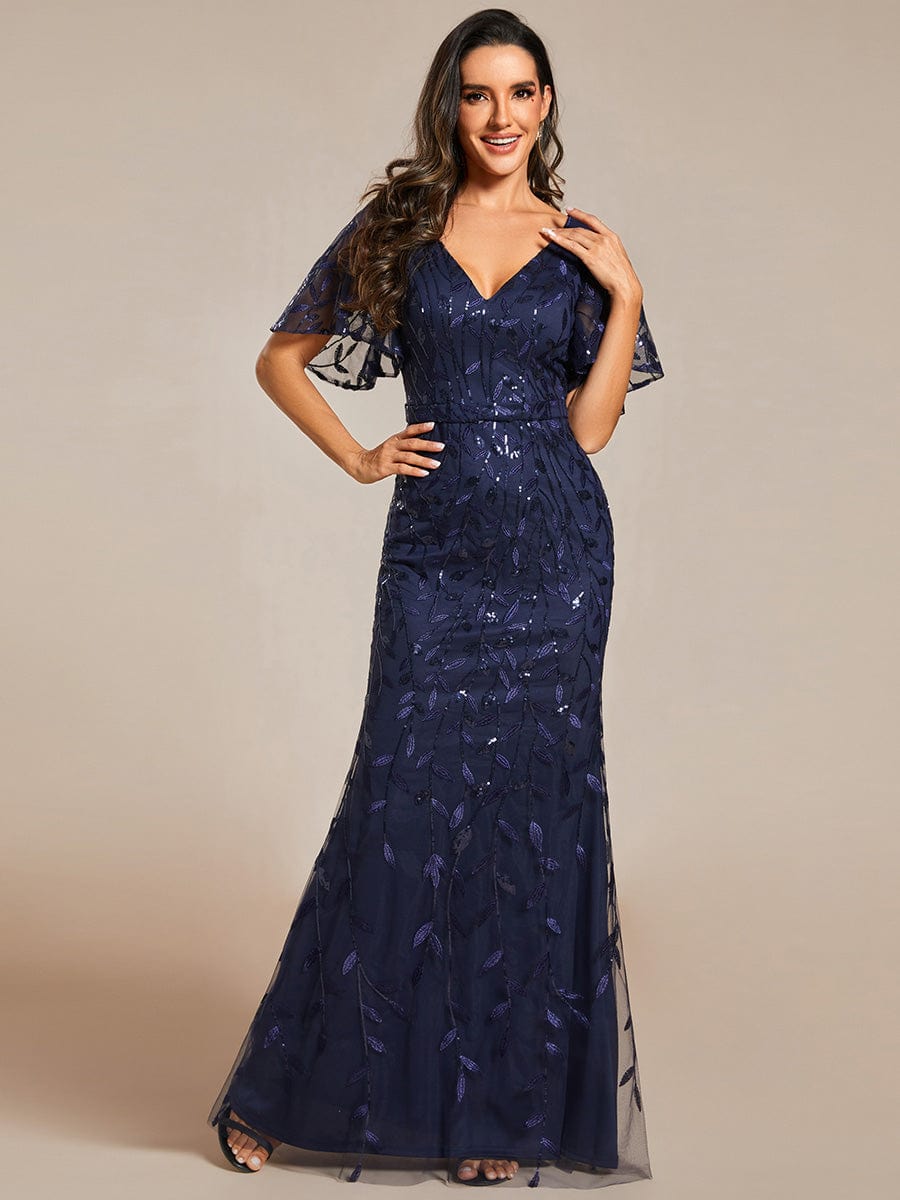 Gorgeous V Neck Leaf-Sequined Fishtail Party Dress #color_Navy Blue