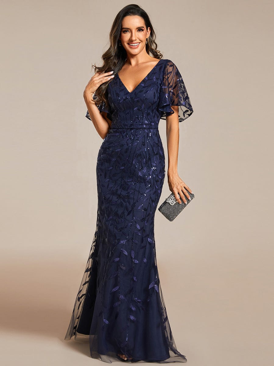 Gorgeous V Neck Leaf-Sequined Fishtail Party Dress #color_Navy Blue