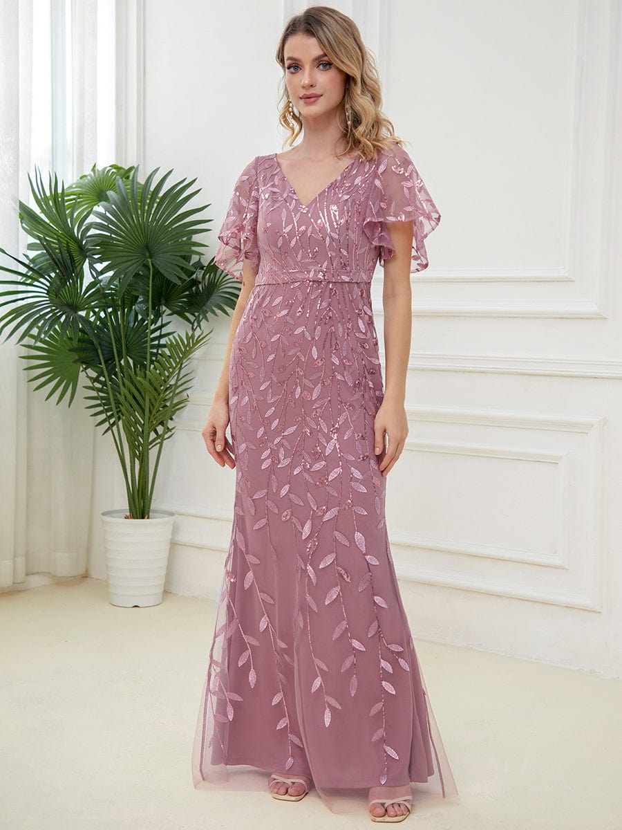 Gorgeous V Neck Leaf-Sequined Fishtail Party Dress #color_Purple Orchid