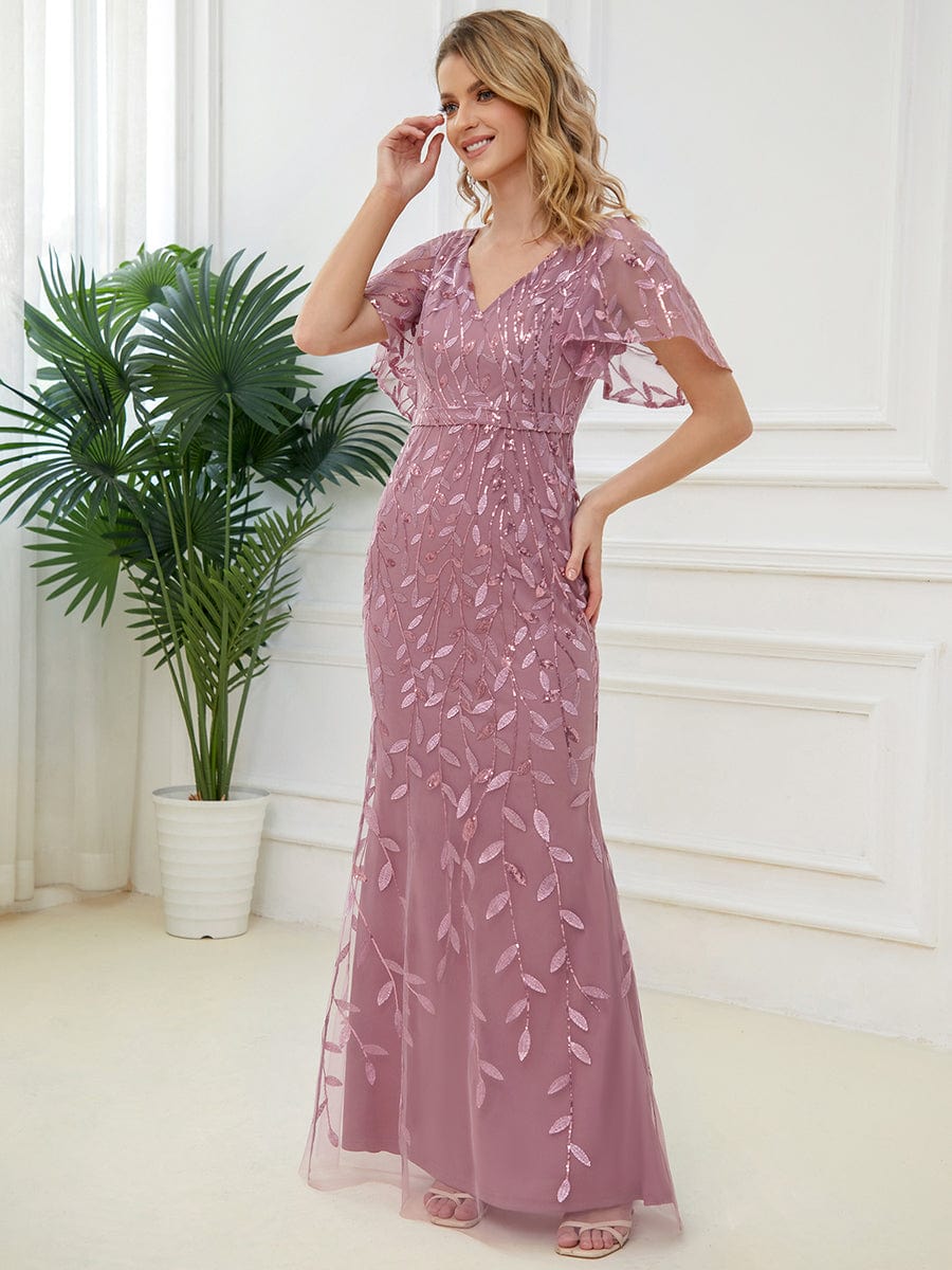 Gorgeous V Neck Leaf-Sequined Fishtail Party Dress #color_Purple Orchid