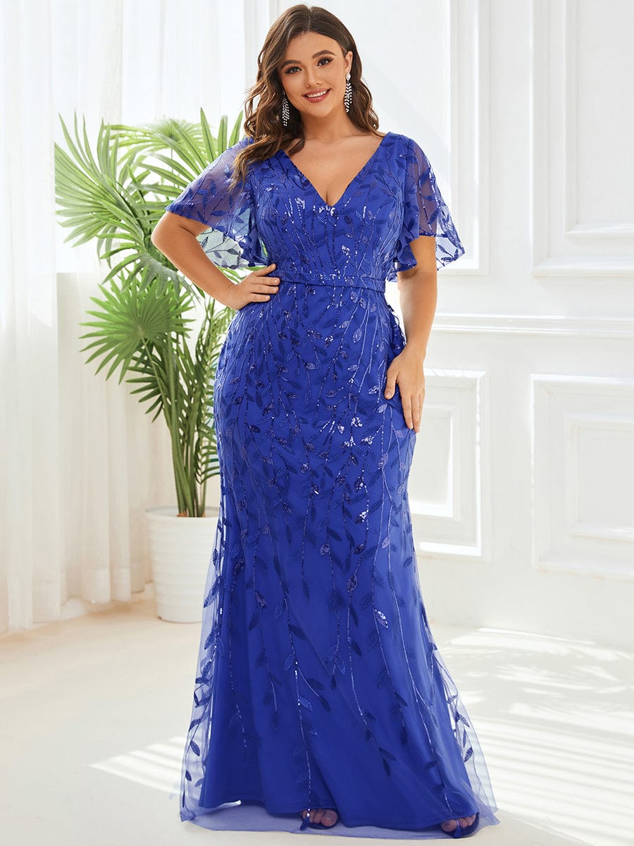 Gorgeous V Neck Leaf-Sequined Fishtail Party Dress #color_Sapphire Blue