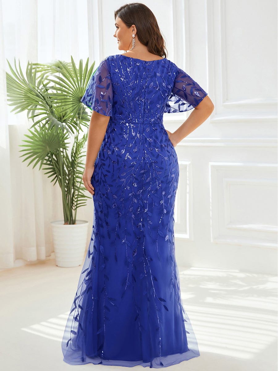 Gorgeous V Neck Leaf-Sequined Fishtail Party Dress #color_Sapphire Blue